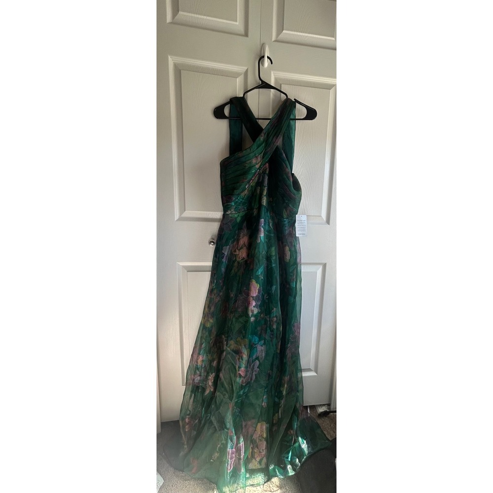 Betsy & Adam Green Floral Organza Halter Gown Dress Size 12 NWT